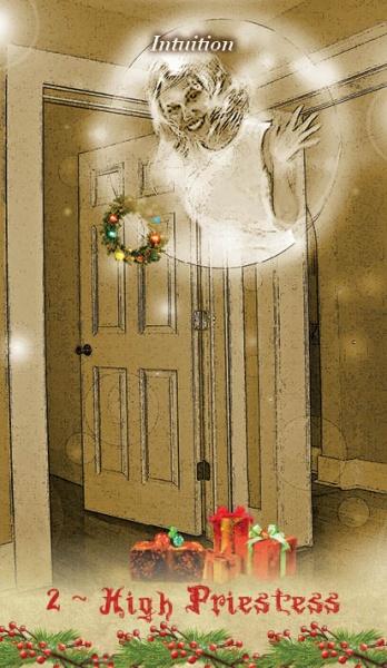 An ethereal woman labeled Intuition floats above a wreath-topped door, with gifts and holly below. "2 ~ High Priestess" appears in festive red—part of A Christmas Tarot, a Majors-only deck from Schiffer Publishing, Ltd.