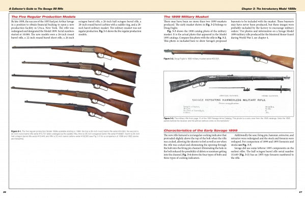A catalog displays five Savage centerfire rifles—Model 1899 and 99 with wood stocks—plus a larger musket, all shown with informative text. Find these details in "A Collector's Guide to the Savage 99 Rifle" by Schiffer Publishing, Ltd.