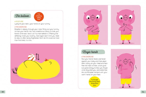 Two illustrated pages from "Little Box of Emotions" by Schiffer Publishing, Ltd.: Left—A yellow bird lies on its back with a red and white ball. Right—Four panels show a pink pig in yellow shorts teaching hand exercises for toddlers' emotions.