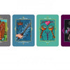 Four vibrant cards from the Otherworld Tarot by Schiffer Publishing, Ltd.: Temperance with an angel, Ace of Swords with lightning, Two of Cups with snakes, and a rose spiral card back—ideal for any tarot or fairy card collection.