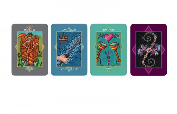 Four vibrant cards from the Otherworld Tarot by Schiffer Publishing, Ltd.: Temperance with an angel, Ace of Swords with lightning, Two of Cups with snakes, and a rose spiral card back—ideal for any tarot or fairy card collection.