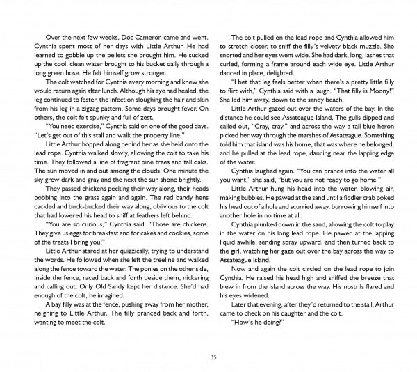 Page 35 of *The True Story of Miracle Man* by Schiffer Publishing, Ltd. shows two columns describing Arthur, a Chincoteague Pony filly named Moon, interactions with Arthur's mother Cynthia and a colt, set near stables and a stream.