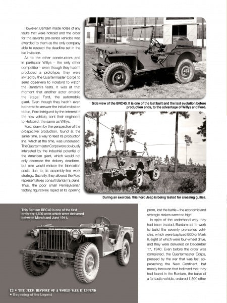 A page from "The Jeep: History of a World War II Legend" by Schiffer Publishing, Ltd. displays three black-and-white photos of Bantam and Ford WWII Jeep prototypes, plus text on their development, testing, and a jeep lifted by cables.