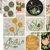 Freshly Stitched by Schiffer Publishing, Ltd. showcases a vibrant embroidery collage with flowers, cacti, a night mountain scene, and the words "grow" and "let love bloom," plus a contents page listing botanical embroidery projects.