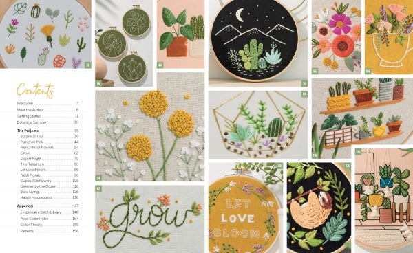 Freshly Stitched by Schiffer Publishing, Ltd. showcases a vibrant embroidery collage with flowers, cacti, a night mountain scene, and the words "grow" and "let love bloom," plus a contents page listing botanical embroidery projects.
