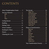 The Transformation Oracle by Schiffer Publishing, Ltd. features a table of contents with sections like About, The Four Elements, Using Oracle Cards, Spreads, and Spiritual Growth Phases, all on a black background with gold text and page numbers.