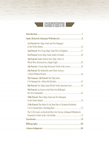 The table of contents for "German U-Boat Ace Heinrich Lehmann-Willenbrock" by Schiffer Publishing, Ltd. lists sections like patrols, biographies (including Lehmann-Willenbrock), conclusions, bibliography, and acknowledgements with styled page numbers.