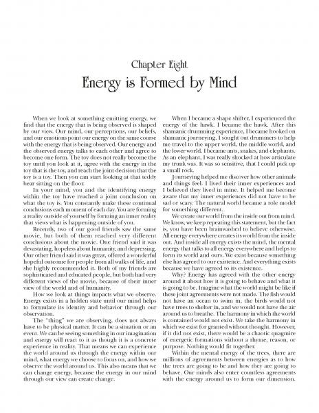 A page from Within the Power of Universal Mind, titled Chapter Eight: Energy is Formed by Mind, features two columns discussing how thoughts and perceptions shape energy and reality through the Universal Mind.