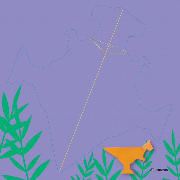 A purple background features a dinosaur footprint outline, dotted and solid measuring lines like Origanimo paper dinosaurs, green leaves at the corners, and an orange Allosaurus silhouette labeled Allosaurus. Product: Dinosaurs by Schiffer Publishing, Ltd.