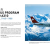 A Swiss International Air Lines Airbus A330 flies over snowy peaks, while the left page of Schiffer Publishing, Ltd.'s "Airbus A300/310" covers Chapter 1: The Airbus Program A300 and A310, with highlights from 1965–1988.