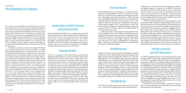 A two-page spread from Schiffer Publishing, Ltd.’s book TOPGUN features light blue headings, black body text, and section titles like The Founding of a Legacy and fighter tactics training topics related to Vietnam War impacts.