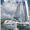 A white catamaran with raised sails cruises blue waters under a partly cloudy sky, as people enjoy advanced on-board tech. Green hills are in the distance. The text "2. Sail and Rigging" and Schiffer Publishing, Ltd.'s Sail and Motor Boats appear above.