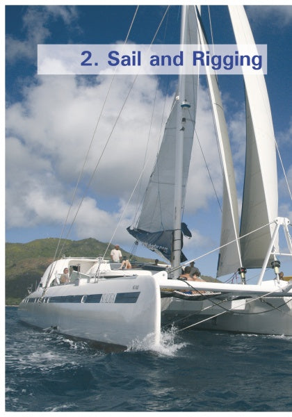 A white catamaran with raised sails cruises blue waters under a partly cloudy sky, as people enjoy advanced on-board tech. Green hills are in the distance. The text "2. Sail and Rigging" and Schiffer Publishing, Ltd.'s Sail and Motor Boats appear above.