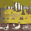 Vivid illustration from The Forest by Schiffer Publishing, Ltd. features deer, foxes, rabbits, birds, squirrels, and badgers above ground; worms and roots below; with trees, pond, sun and shade—ideal for a forest book or fold-out poster.