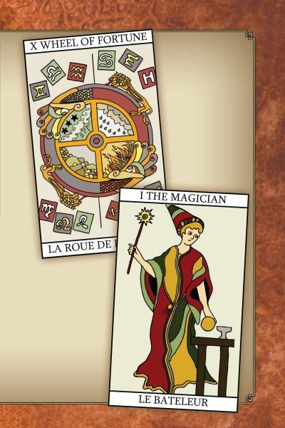 Two tarot cards on a brown background—the Wheel of Fortune and the Magician—from "Tarot, Birth Cards, and You" highlight powerful Major Arcana archetypes with symbolic imagery and vibrant colors.