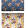 Two samples of Vintage Textured Barkcloth by Schiffer Publishing, Ltd.: the top displays small floral clusters on blue, and the bottom features vertical white and yellow stripes with ornate pastel bouquets inspired by retro fabrics.