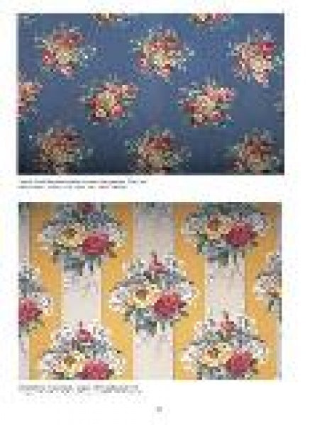 Two samples of Vintage Textured Barkcloth by Schiffer Publishing, Ltd.: the top displays small floral clusters on blue, and the bottom features vertical white and yellow stripes with ornate pastel bouquets inspired by retro fabrics.