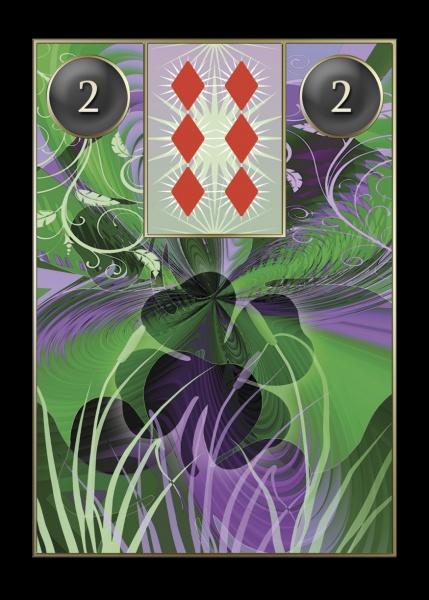 A Lenormand Cartomancy card by Schiffer Publishing, Ltd. shows six red diamonds with white lines, surrounded by green, purple, and black swirls. Dark circles and the number 2 appear in both top corners.