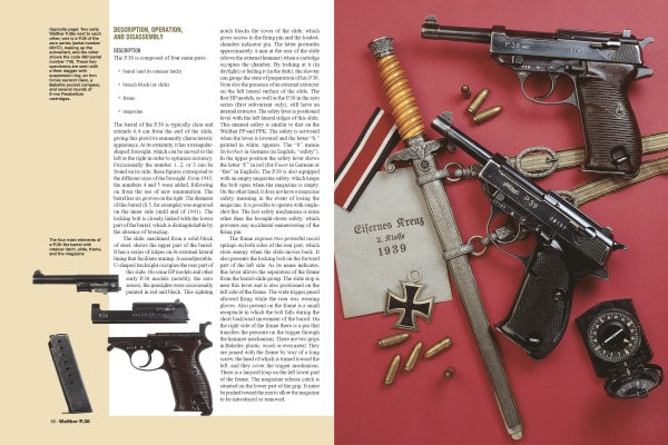 A magazine spread by Schiffer Publishing, Ltd. features the Walther P.38, dagger, medals, compass, bullets, and an “Eiserne Kreuz 1939” document on a vivid red World War II background.