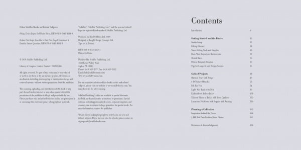 The copyright page for Artisan Felting by Schiffer Publishing, Ltd. appears on the left, while the right page’s light gray Contents table lists nuno felting techniques and wearable art as featured sections.