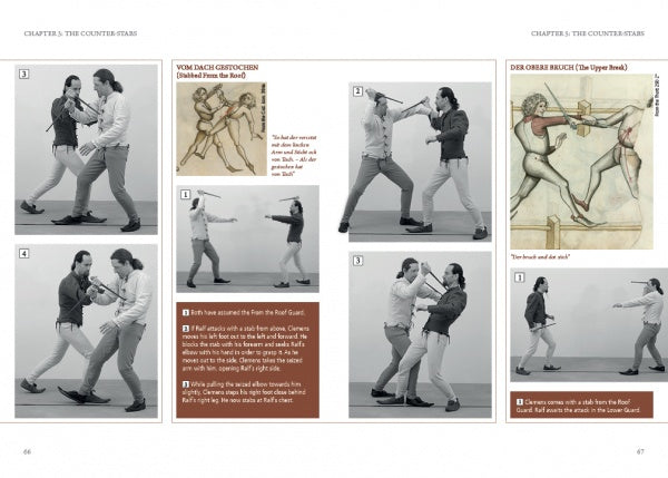Dagger Fighting" by Schiffer Publishing, Ltd. is a step-by-step martial arts guide featuring six panels of two people demonstrating medieval combat and dagger fencing, inspired by Hans Talhoffer, with historical illustrations and instructional captions.
