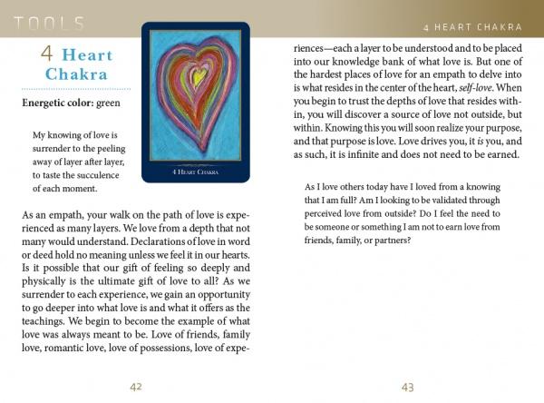 A page from The Empathic Oracle by Schiffer Publishing, Ltd. describes the 4th Heart Chakra (green), exploring empathy, self-love, and chakra energy. At the center is an abstract image of a colorful layered heart.