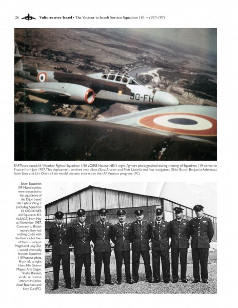 The image from Schiffer Publishing, Ltd.'s "Vultures Over Israel" shows a vintage French-roundel jet in flight and, below, a black-and-white photo of nine soldiers by a hangar, with captions describing the scene.