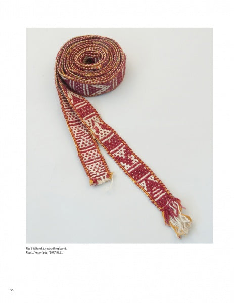The Norwegian Pick-Up Bandweaving by Schiffer Publishing, Ltd. features a long, woven band with red and white geometric patterns and fringed ends, displayed rolled up on a plain white background.