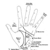 The Time on Your Hands diagram is a black-and-white palm chart labeled with lines, mounts, and symbols—such as the Saturn Ring, Mercury Line, and Mystic Cross—used in palm reading to explore psychic abilities. The top text asks, "Are You Psychic?.