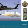 A military helicopter fires a missile over water (left); on the right, six colorful United States Navy Helicopter Patches by Schiffer Publishing, Ltd. are shown in two columns above a blue background with white text labels.
