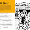 A black-and-white illustration from Wicked Creatures of Cape Cod and the Islands (Schiffer Publishing, Ltd.) shows three trolls around a stone tower, with hills, water, and a sheep. The Tower Trolls title and fill-in-the-blank story appear on the left.