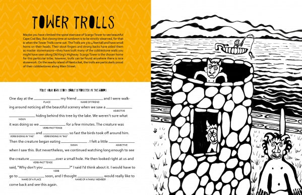 A black-and-white illustration from Wicked Creatures of Cape Cod and the Islands (Schiffer Publishing, Ltd.) shows three trolls around a stone tower, with hills, water, and a sheep. The Tower Trolls title and fill-in-the-blank story appear on the left.