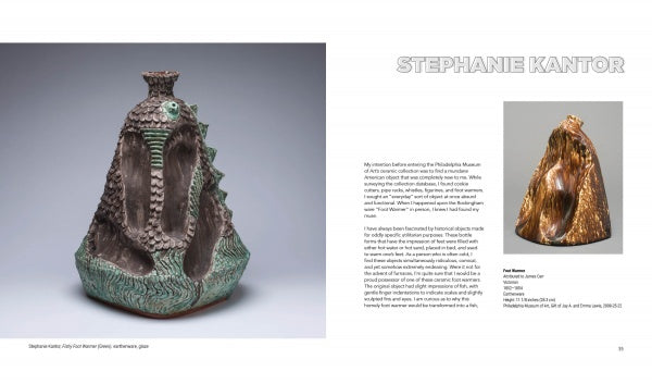 On the left, a green and brown ceramic sculpture is shown; on the right, an arched ceramic piece appears next to text about Schiffer Publishing, Ltd.'s "From Storage to Studio" at The Clay Studio.