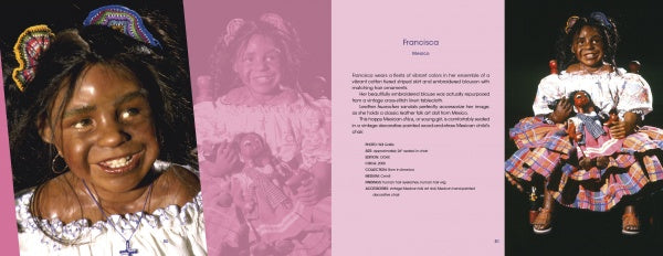A smiling Black woman in a wheelchair holds a Lifelike Artist Doll. She wears a colorful dress with ribbons in her hair. The image, from Schiffer Publishing, Ltd., includes text about her—Francisca—on the facing page.