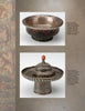 Top: A round burl wood butter container with metal trim, and bottom: a silver offering vessel with ornate lid—both featured in "Tibetan Artifacts" by Schiffer Publishing, Ltd., showcasing Tibetan craftsmanship on a neutral background.