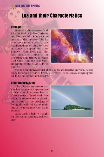 A page from “Everyday Voodoo” by Schiffer Publishing, Ltd. describes Loa, showing a cosmic deity above Earth (Bonye) and a rainbow over water (Ayida Wedo), with text explaining each figure’s role in Voodoo.