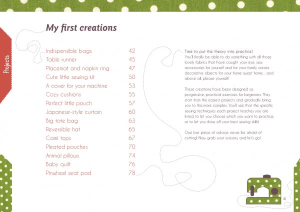 A page in Schiffer Publishing, Ltd.'s The Little Guide to Mastering Your Sewing Machine lists beginner projects with page numbers on the left, a brief intro on the right, polka dot borders, and a sewing machine graphic for beginner sewists.