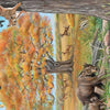 Inspired by "The Tiny Giant" from Schiffer Publishing, Ltd., a vivid autumn forest shows deer, rabbits, squirrels, a bear, ducks, and a wolf by a tree and pond amid falling leaves as a monarch butterfly flutters nearby.