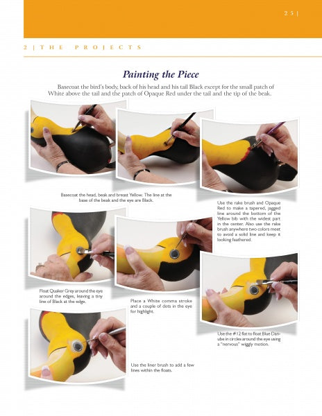 A step-by-step guide from Schiffer Publishing, Ltd.'s "Creating Gourd Birds with the Fairy Gourdmother®," showing hands painting a yellow and black bird. Six photos detail gourd painting techniques—ideal for anyone interested in artistic gourds.