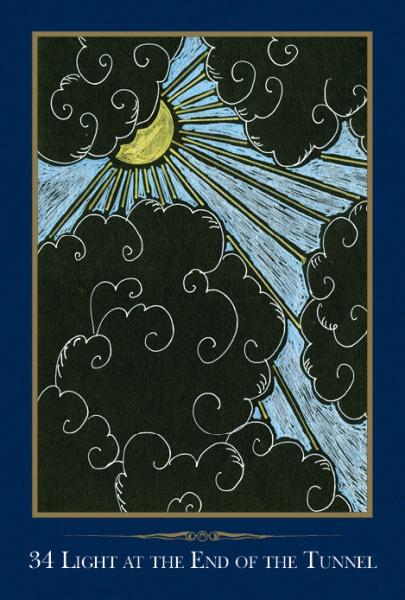 Illustration: thick black clouds part, revealing bright yellow rays from a crescent moon and blue sky. Below: 34 Light at the End of the Tunnel—The Empathic Oracle by Schiffer Publishing, Ltd., ideal for managing emotions and enhancing empathy.
