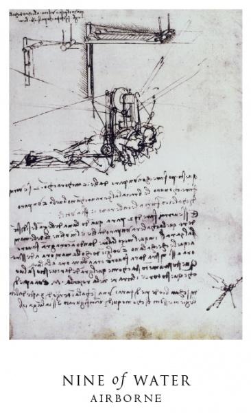 A sketch in Leonardo da Vinci’s style, featuring handwritten notes and machinery diagrams, appears above “Nine of Water, Airborne” at the bottom, evoking the Da Vinci Enigma Tarot from Schiffer Publishing, Ltd.