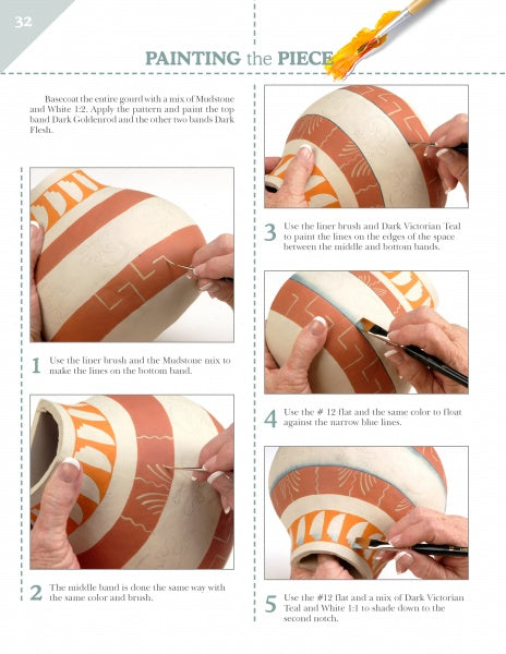 The instructional page from "Painting Gourds with the Fairy Gourdmother®" by Schiffer Publishing, Ltd. shows hands painting pottery with geometric patterns, using step-by-step images to detail bands with lines and shapes using brushes and colors.
