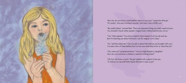 A young blonde girl in a yellow shirt holds a small blue-grey feather, gazing forward amid magical imagery. On a light purple background, text and a rabbit silhouette evoke the charm of Rupert's Tales: Learning Magick by Schiffer Publishing, Ltd.