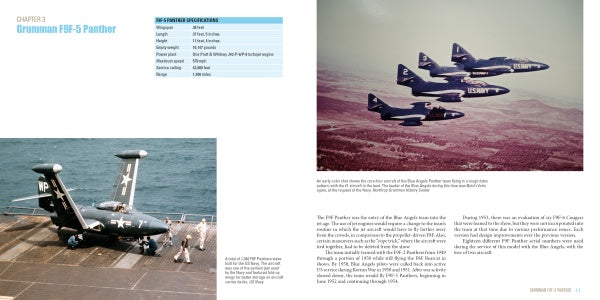 A spread from The Blue Angels by Schiffer Publishing, Ltd. features a black Grumman F9F-5 Panther jet on an aircraft carrier and four Panthers in formation, detailing the Blue Angels’ history and aircraft specifications.