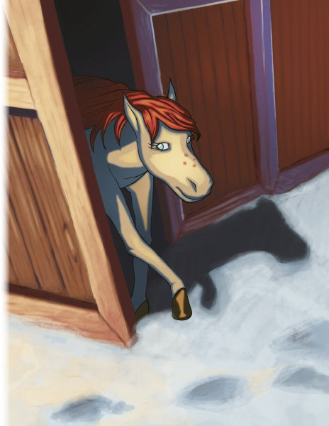 A cartoon horse with a reddish mane steps cautiously from a wooden stable onto snowy ground, looking unsure—an ideal scene for "The Tale of Strawberry Snow" by Schiffer Publishing, Ltd.
