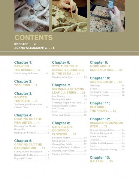 Table of contents page for Deep Relief Wood Carving by Schiffer Publishing, Ltd. Features three small woodworking images at the top, a detailed list of carving chapters with page numbers below, on a white and light green background.
