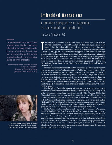 A magazine page titled Embedded Narratives reviews Contemporary International Tapestry by Schiffer Publishing, Ltd., featuring Canadian tapestry art, a smiling photo of Dr. Lydía Trottier with an award caption, decorative text, and a blue background.
