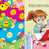 A girl smiles on her bed as she puts on Jocelyn's Box of Socks from Schiffer Publishing, Ltd.—colorful socks with emoji faces—while a white cat plays nearby and a pile of vibrant socks is shown on the left.