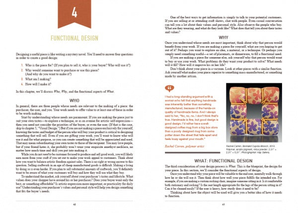 Two pages from "Master Your Craft" by Schiffer Publishing, Ltd.: the left page examines the who and why of craftwork; the right displays a colorful patterned plate with insights into function and purpose.