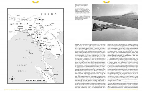 The left page of "The Tenth Air Force in World War II" by Schiffer Publishing, Ltd. shows a black-and-white Burma and Thailand map highlighting key Allied air operations; the right page displays an aircraft flying above columns of descriptive text.